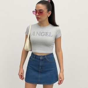 New 10 ASOS Medium‎ Wash High Rise Stretch Denim Mini Skirt Jean Pockets Vintage